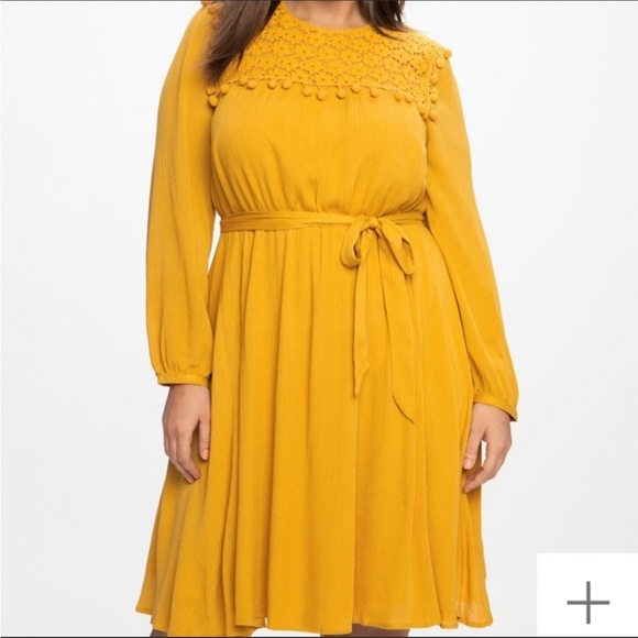 Eloquii Mustard Yellow Lace  Pom Fit & Flare Belted Tie Dress - Picture 2 of 12